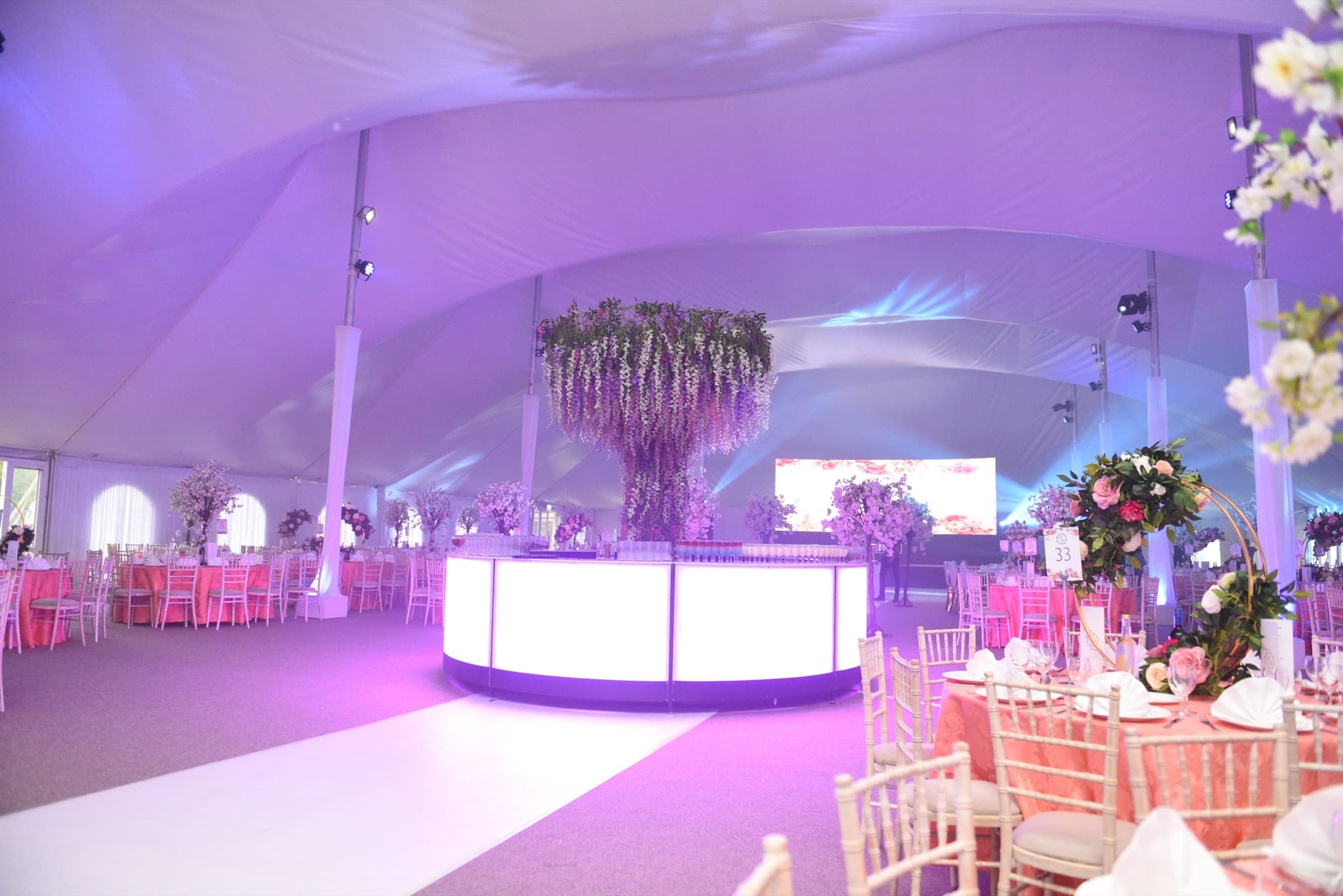 The Mega Marquee lit for an evening celebration