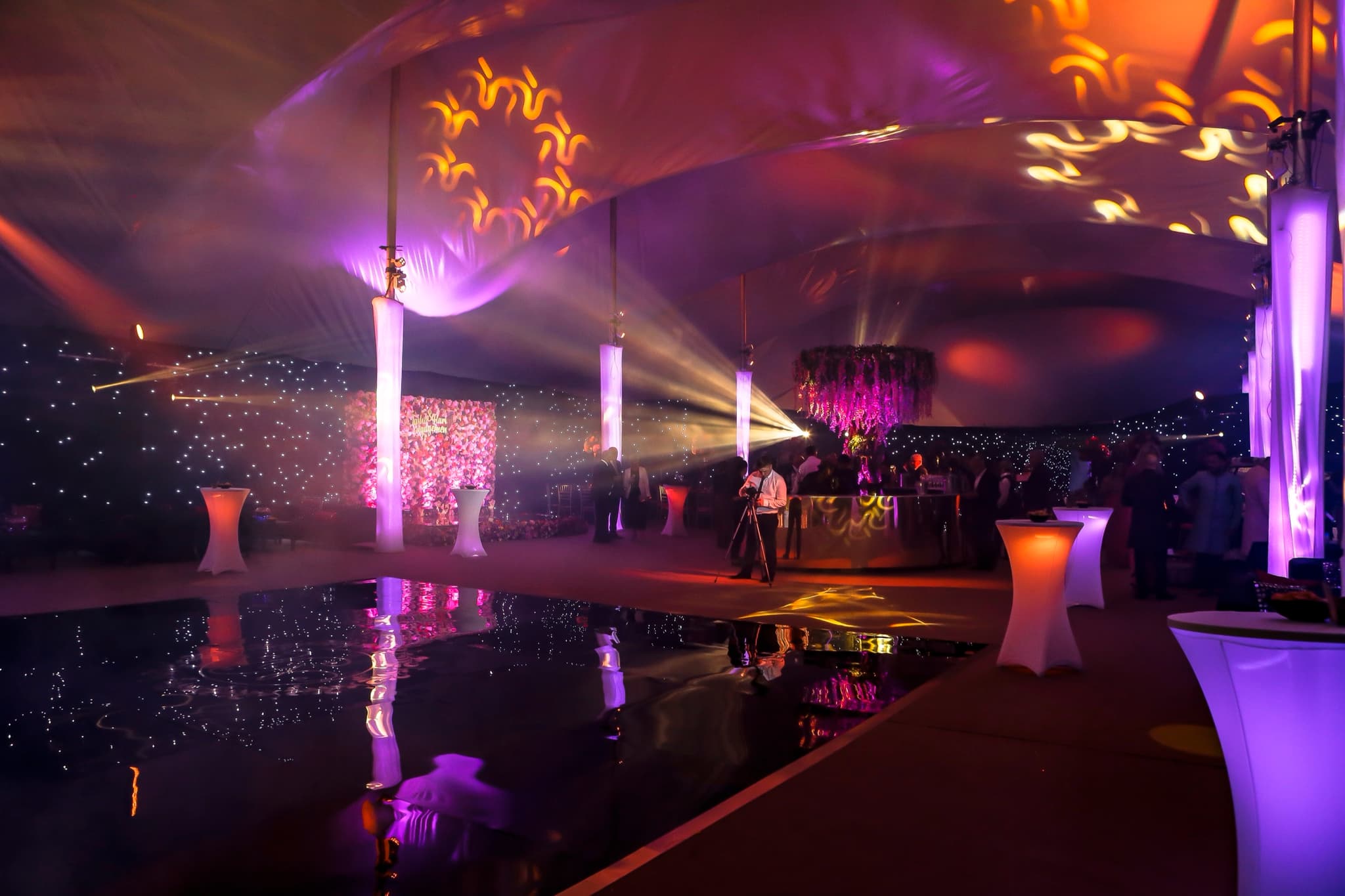 The Mega Marquee lit for an evening celebration