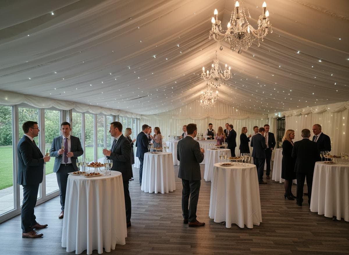 Guests at a corporate drinks reception beneath the Mini Marquee's starlit ceiling