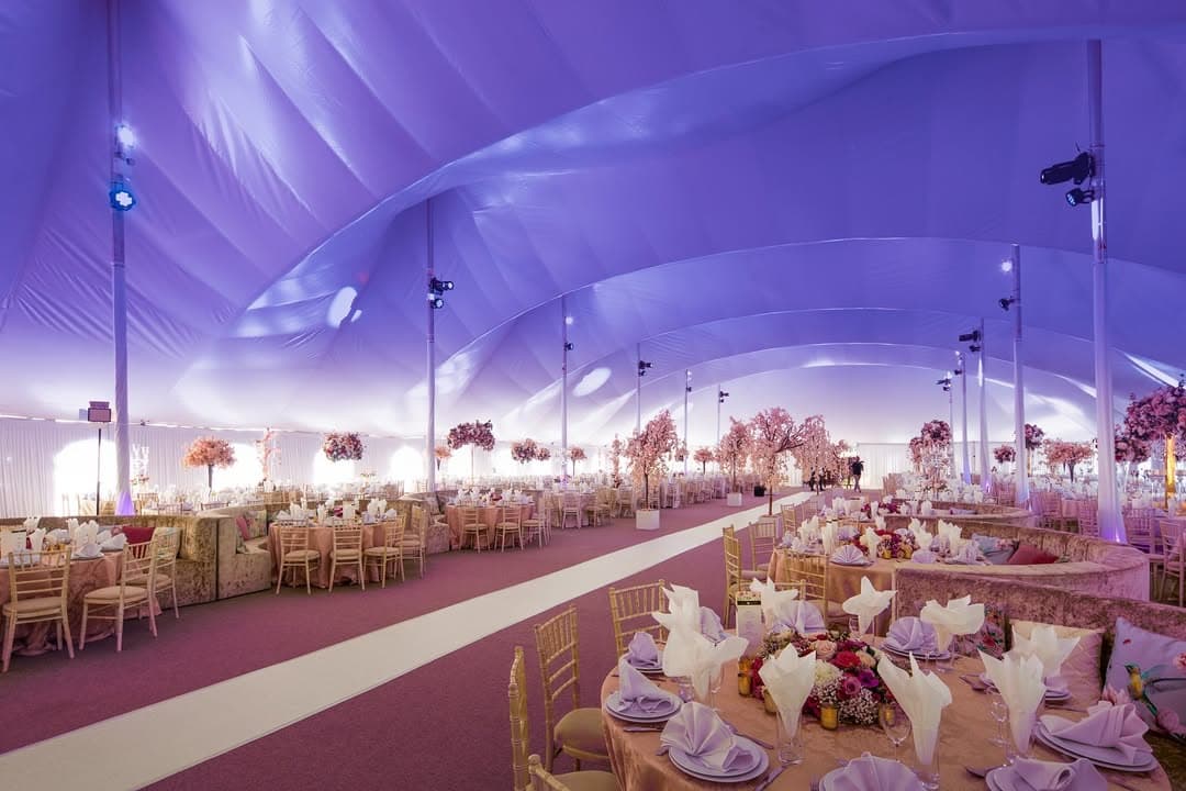 The Mini Marquee lit for an evening celebration